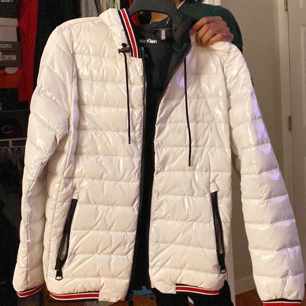 White shiny men’s puffer Calvin Klein jacket